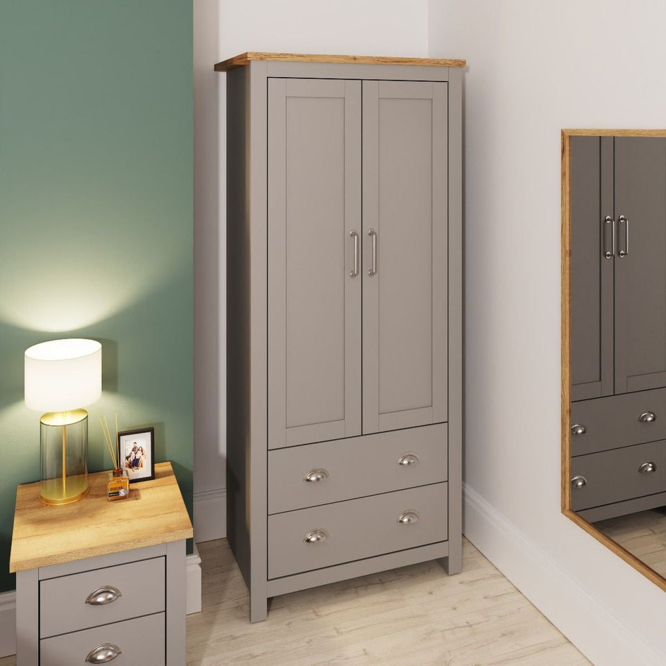 2 Door Wardrobe with Hanging Rail and Drawers Ite Range Light Grey & Oak Effect Bedroom Storage