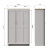 Light grey and oak effect 3-door wardrobe with hanging rail and shelving, part of Lavish Kitchen Isle bedroom storage collection.
