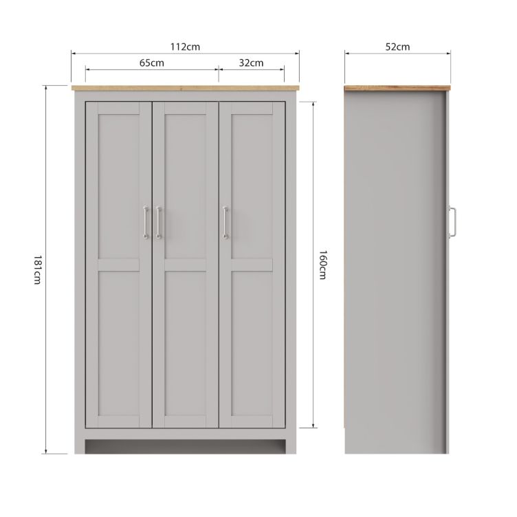 3 Door Wardrobe with Hanging Rail and Shelving Ite Range Light Grey & Oak Effect Bedroom Storage Cupboard