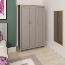 Light grey and oak effect 3-door wardrobe with hanging rail and shelving for bedroom storage by Lavish Kitchen Isle.