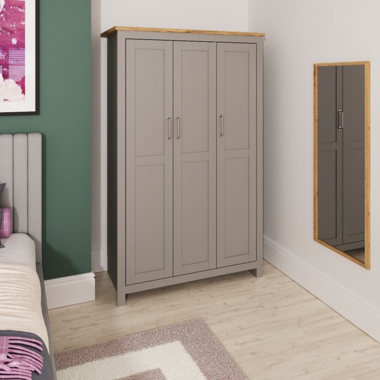 3 Door Wardrobe with Hanging Rail and Shelving Ite Range Light Grey & Oak Effect Bedroom Storage Cupboard