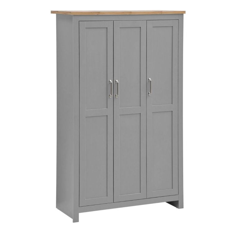 3 Piece Bedroom Furniture Set – 3 Door Wardrobe, 7 Drawer Chest of Drawers, and 2 Drawer Bedside Cabinet in Light Grey with Oak Effect Tops