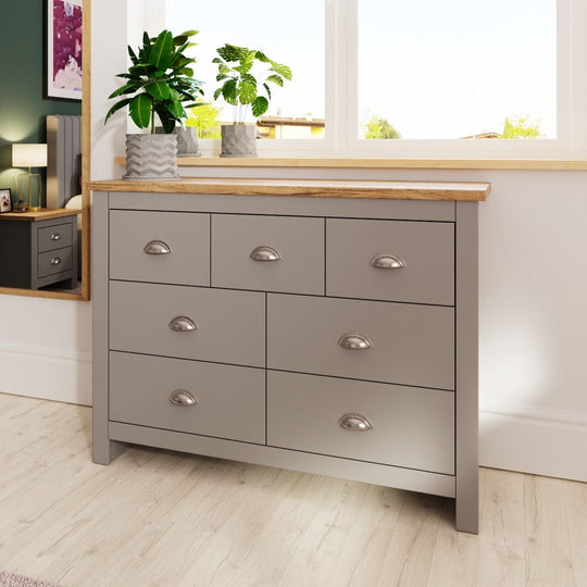 7 Drawer Chest of Drawers Stylish Bedroom Furniture Cabinet in Light Grey with Oak Top Storage Solution for Bedroom and Living Spaces