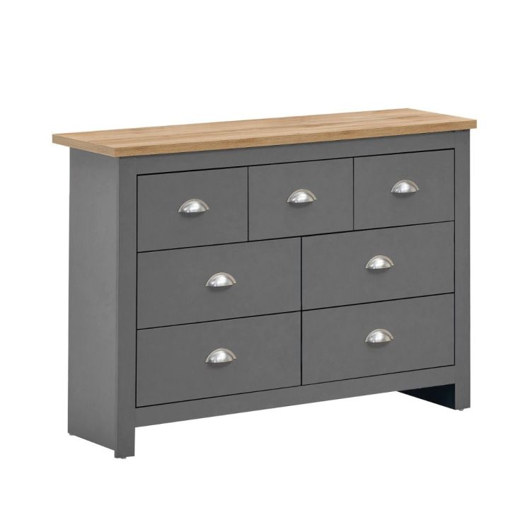 3 Piece Bedroom Furniture Set – 3 Door Wardrobe, 7 Drawer Chest of Drawers, and 2 Drawer Bedside Cabinet in Light Grey with Oak Effect Tops