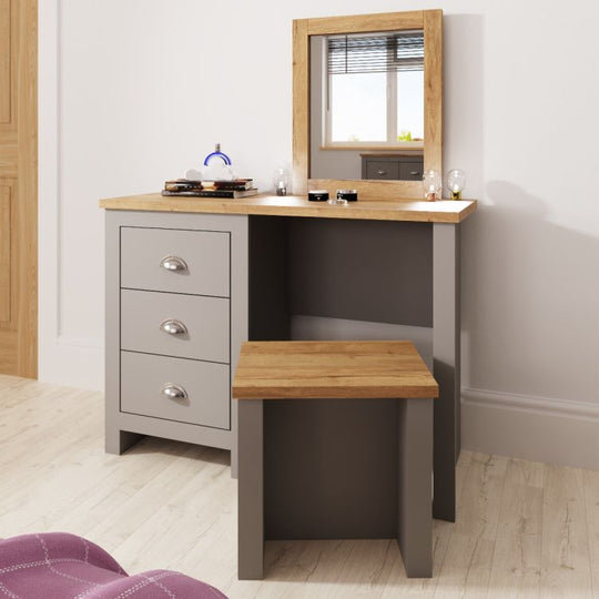 Dressing Table with 3 Drawers Makeup Desk Vanity Table in Light Grey with Cascading Oak Top