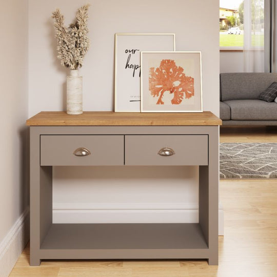 Console Table Sideboard Cabinet with Storage – 2 Solid Drawers and Door Unit in Light Grey with Oak Effect Top for Living and Dining Room Furniture