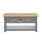 Modern Coffee Table with 2 Drawers and Storage Shelf Rectangular Living Room Furniture in Light Grey with Oak Top