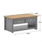 Modern Coffee Table with 2 Drawers and Storage Shelf Rectangular Living Room Furniture in Light Grey with Oak Top