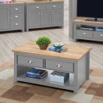 Modern Coffee Table with 2 Drawers and Storage Shelf Rectangular Living Room Furniture in Light Grey with Oak Top