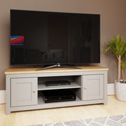Modern light grey TV stand cabinet with two doors and storage for living room furniture, by Lavish Kitchen Isle.