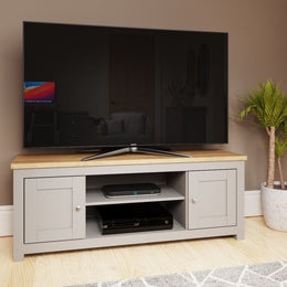 Modern light grey TV stand cabinet with two doors and storage for living room furniture, by Lavish Kitchen Isle.