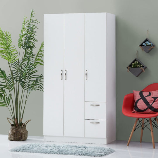 3-Door White Wardrobe with Hanging Rail, Shelves, and Drawers – Modern Bedroom Storage