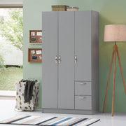 Dark grey 3-door wardrobe by Lavish Kitchen Isle with hanging rail, shelves, and drawers for modern bedroom storage.