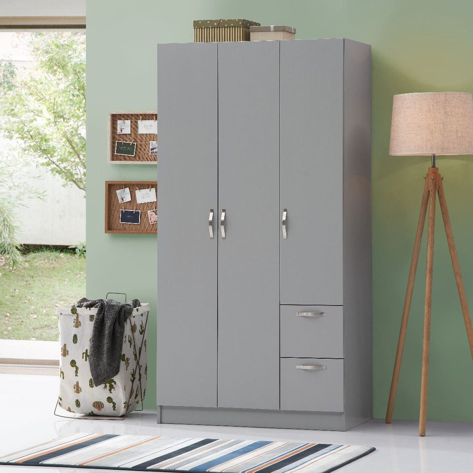 Modern wardrobe with white and dark grey finish, featuring hanging rail, shelves, and drawers for bedroom storage.