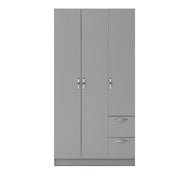 Dark grey 3-door wardrobe by Lavish Kitchen Isle with hanging rail, shelves, and drawers for modern bedroom storage.