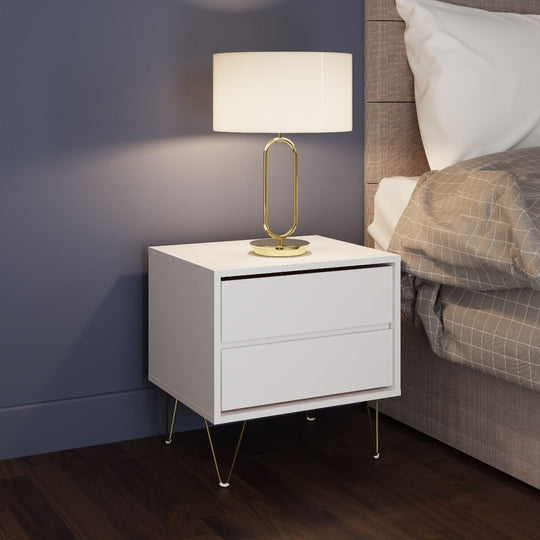 Fifomi 2 Drawer Bedside Table – Modern White Nightstand with Gold Legs and Storage Drawers Bedside Shelf Table for Bedroom