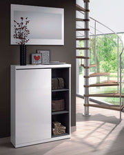 Contemporary white gloss shoe cupboard with mirror and shelves by Lavish Kitchen Isle, featuring sleek design and ample storage space.