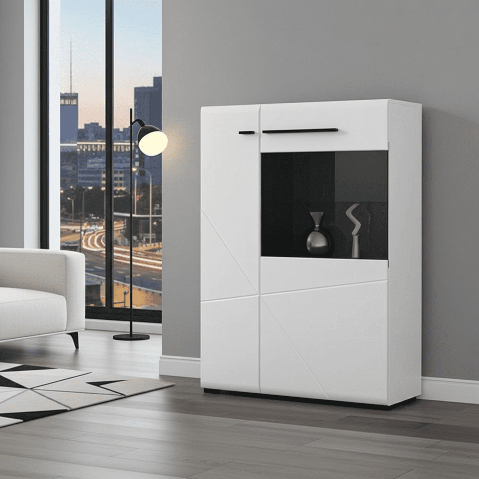 Lavish Kitchen Isle Regal Low Display Cabinet in white gloss with black glass doors and soft-close features, modern lounge storage unit.