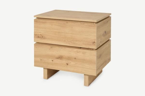 IBA Artisan Oak Effect Modern Nightstand 60cm Wide - Bedside Table with 2 Drawers and Shelf