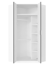 Arctic Elegance corner wardrobe by Lavish Kitchen Isle with mirrored doors, hanging rails, and shelving for space-saving storage.