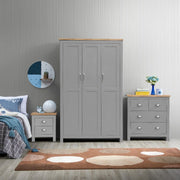 3 Piece Bedroom Furniture Set 3 Door Wardrobe, 4 Drawer Chest, and 2 Drawer Bedside Cabinet in Light Grey with Oak Effect Tops - Lavish Kitchen Isle