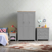 3 Piece Bedroom Furniture Set – 3 Door Wardrobe, 4 Drawer Chest of Drawers, and 1 Drawer Bedside Cabinet in Grey with Oak Effect Tops - Lavish Kitchen Isle