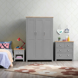 3 Piece Bedroom Furniture Set – 3 Door Wardrobe, 4 Drawer Chest of Drawers, and 1 Drawer Bedside Cabinet in Grey with Oak Effect Tops - Lavish Kitchen Isle