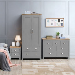 3 Piece Bedroom Furniture Set – 2 Door Wardrobe, 7 Drawer Chest, and 2 Drawer Bedside Cabinet in Light Grey with Oak Effect Tops - Lavish Kitchen Isle