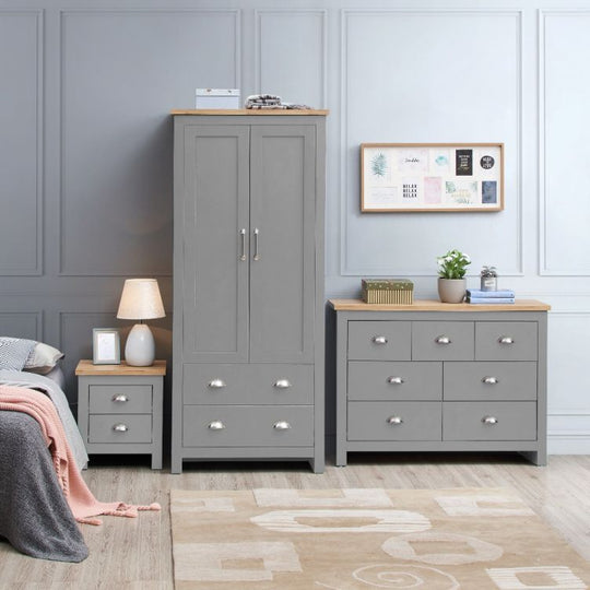 3 Piece Bedroom Furniture Set – 2 Door Wardrobe, 7 Drawer Chest, and 2 Drawer Bedside Cabinet in Light Grey with Oak Effect Tops