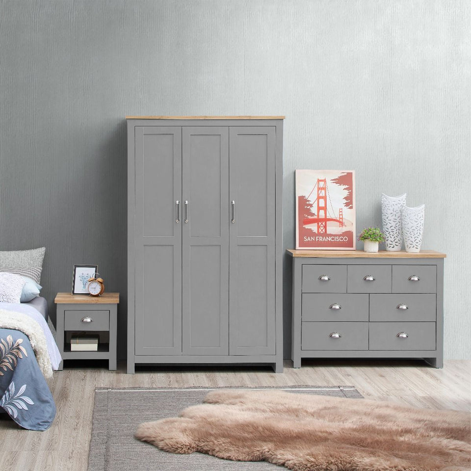 3 PIECE BEDROOM SET (3 DOOR WARDROBE, 3+4 CHEST, 1 DRAWER BEDSIDE)