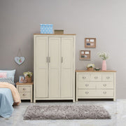 Lavish Kitchen Isle Ite 3-piece bedroom set with cream and oak finish, includes wardrobe, chest of drawers, and bedside table.