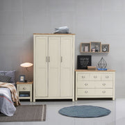 Cream bedroom chest of 7 drawers with oak effect top and steel handles, providing stylish storage from Lavish Kitchen Isle.
