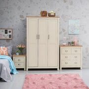 Lavish Kitchen Isle Ite 3-piece bedroom set with cream and oak finish, includes wardrobe, chest of drawers, and bedside table.
