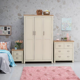 Lavish Kitchen Isle Ite 3-piece bedroom set with cream and oak finish, includes wardrobe, chest of drawers, and bedside table.