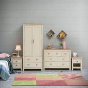 Cream chest of 7 drawers bedroom storage unit with oak effect top and steel handles, by Lavish Kitchen Isle.