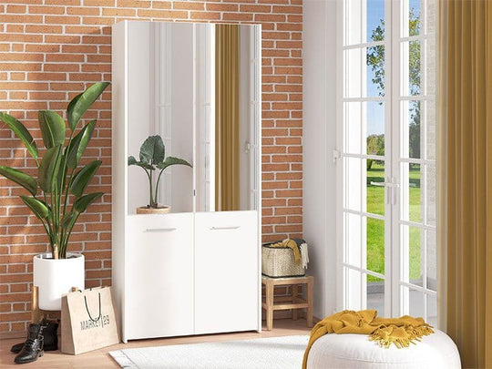 Tall White Mirrored Shoe Storage Cabinet – Holds 50 Pairs