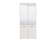 Tall white mirrored shoe storage cabinet by Lavish Kitchen Isle holding 50 pairs of shoes with sleek mirrored doors.