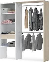 Oak and white open door wardrobe with shelves and hanging rails, 158cm wide, by Lavish Kitchen Isle for bedroom storage.