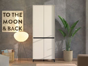 Tall Lavish Kitchen Isle cashmere taupe shoe cabinet with 4 doors and 8 shelves, stores up to 40 pairs of shoes.