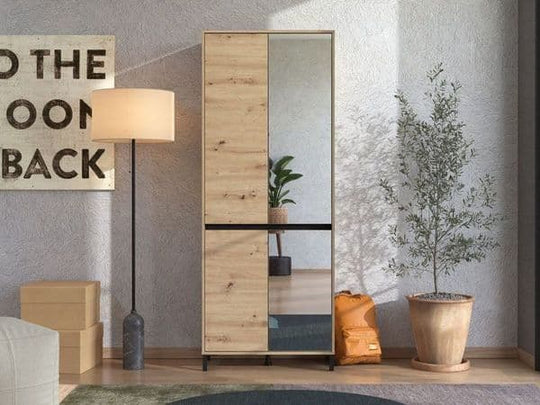 Space-Saving Mirrored Shoe Storage Cupboard – Oak Effect Finish