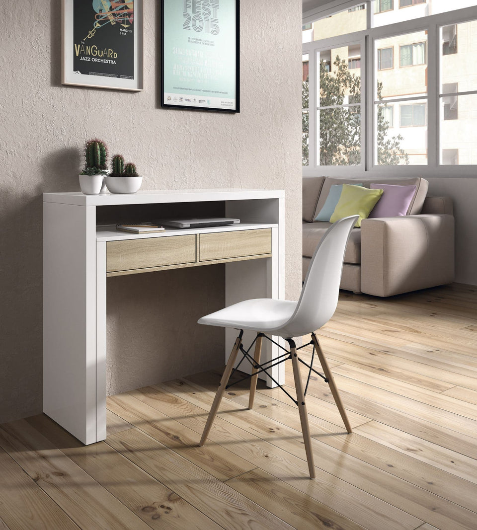 Omomy Arctic White and Oak Effect Extending Desk/Dressing Table or Console Table Home Desk, Study, Office, Computer, Laptop