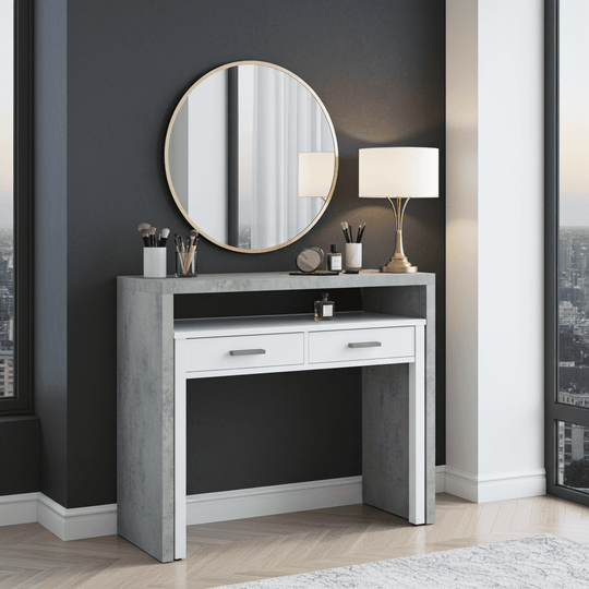 Omomy Arctic White and Concrete Grey Extending Desk/Dressing Table or Console Table - Home Desk, Study, Office, Computer & Laptop