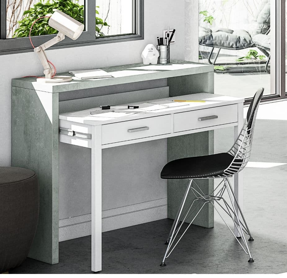 Omomy Arctic White and Concrete Grey Extending Desk/Dressing Table or Console Table - Home Desk, Study, Office, Computer & Laptop