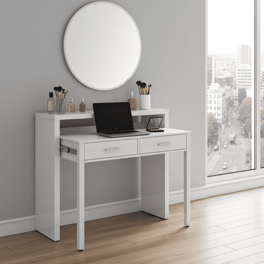 Omomy Arctic White Extending Desk Console Table with Drawers – Home Office or Dressing Table Use