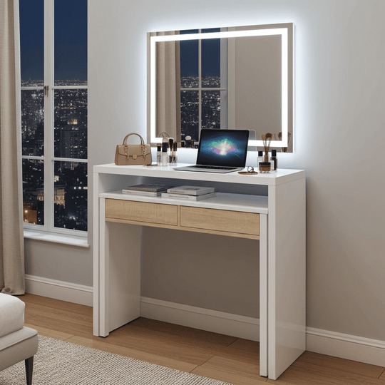 Omomy Arctic White and Oak Effect Extending Desk/Dressing Table or Console Table Home Desk, Study, Office, Computer, Laptop