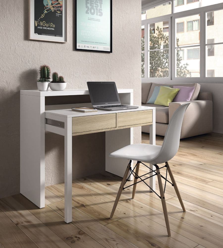 Omomy Arctic White and Oak Effect Extending Desk/Dressing Table or Console Table Home Desk, Study, Office, Computer, Laptop