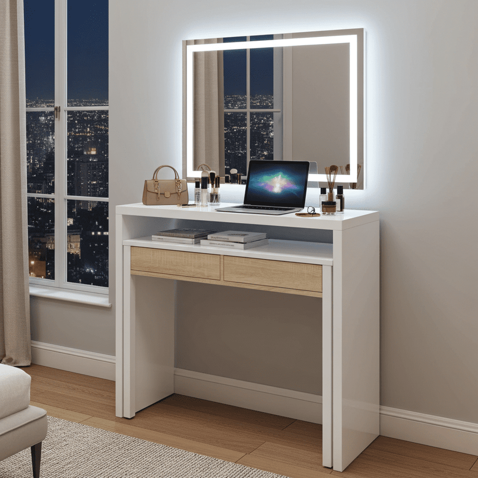 Omomy Arctic White and Oak Effect Extending Desk/Dressing Table or Con –  Lavish Kitchen Isle