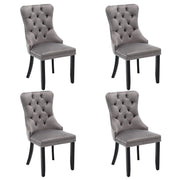 Set of 4 grey and beige velvet wingback dining chairs with button tufted backrests and solid wood legs by Lavish Kitchen Isle.