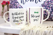 Set of 2 She Said Yes mugs from Lavish Kitchen Isle, featuring white ceramic with elegant script designs.