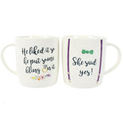 Set of 2 She Said Yes mugs from Lavish Kitchen Isle with white ceramic design and elegant script, perfect for wedding gifts.